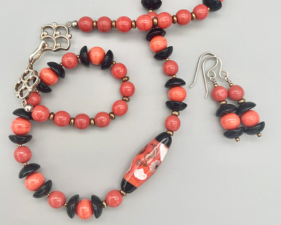 Necklace set | Artisan lampwork focal, coral and black mid-century glass beads