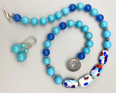 Necklace set | Whimsical mid-century red, white , blue, aqua vintage glass beads