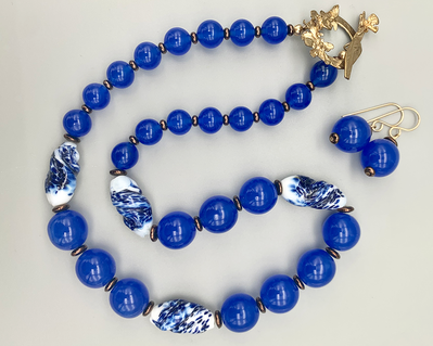 Necklace set | Cobalt blue and white 1920s and 1950s Japanese glass beads, artisan butterfly and dogwood blossom toggle clasp