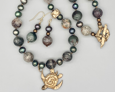 Necklace set | Artisan bronze sea turtle pendant, lodolite rounds and freshwater pearls