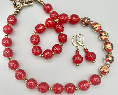 Necklace set |  Red accented with gold mid-century Venetian and 1940s Japanese glass beads