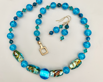 Necklace set | Aqua, blue, and teal glass beads, crystals, and stones