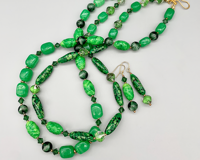 Necklace set | Double strand of vintage green glass beads and crystals — grass green, forest green, jade, emerald