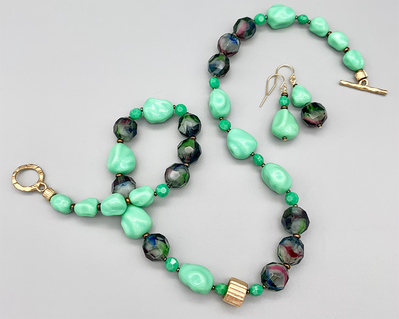 Necklace set | Mid-century greens — givre multi-colored faceted rounds, turquoise green opaque nuggets and coins