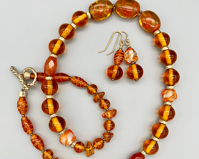 Necklace set | Amber vintage glass beads, honey amber chips, carnelian faceted ovals, artisan gold bronze findings