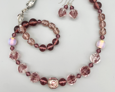 Necklace set | Light amethyst and crystal palette — rare vintage French givre, rare Japanese opalescent beads, sterling silver leaf clasp