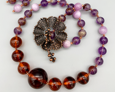 Necklace set | Dark amber/dark molasses Bakelite rounds, Kunzite stones, Super Seven stones, artisan lost-wax bronze clasp
