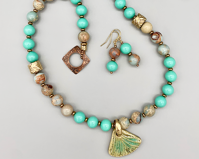 Necklace set | Ceramic artisan fan pendant, snakeskin jasper, vintage Japanese Cherry Brand turquoise glass rounds, etched copper artisan clasp