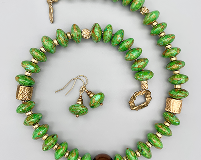 Necklace set | Apple green turquoise rondelles, bronze artisan sliders, bronze toggle clasp, antique glass focal bead