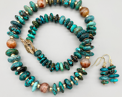 Necklace set | Graduated strand of turquoise stones, lodolite rounds, artisan bronze findings