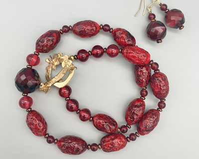 Necklace set | Vivid red mid-century Czech and Japanese glass beads