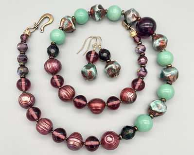 Necklace set | Water garden palette — raku boulders, mid-century Cherry Brand rounds, green aventurine stone, freshwater pearls