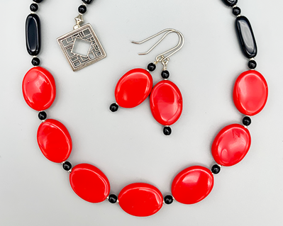 Necklace set | Lipstick red and black vintage glass beads, sterling toggle clasp recalls FLW's window designs