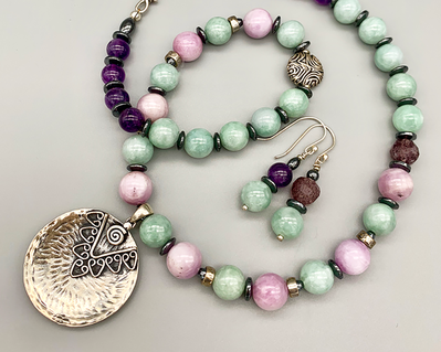 Necklace set | Reversible Southwest style sterling pendant, semi-precious stones — Burma jade, Kunzite, amethyst, strawberry quartz