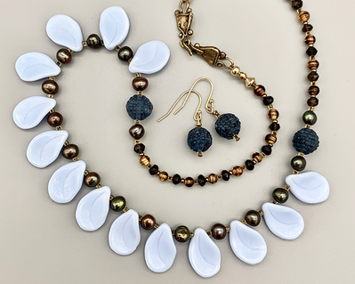 Necklace set | Periwinkle blue glass leaves, deep blue sugar beads, freshwater pearls, smoky quartz rondelles
