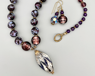 Necklace set | Contemporary lampwork pendant, stunning Japanese lampwork rounds, violet vintage glass beads, amethyst