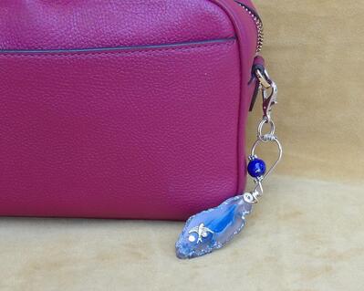 Clear and Blue Agate Slice Keychain with a Bird