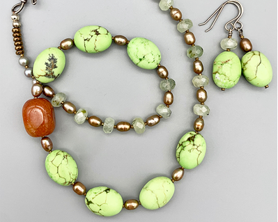 Necklace set | Carnelian nugget, "green apple turquoise" ovals, freshwater pearls, faceted prehnite rondelles