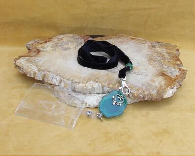 Green Agate Slice Black Velvet Lanyard with a Heart shaped Filigree