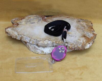 Pink Agate Slice Black Velvet Lanyard with a Heart shaped Filigree