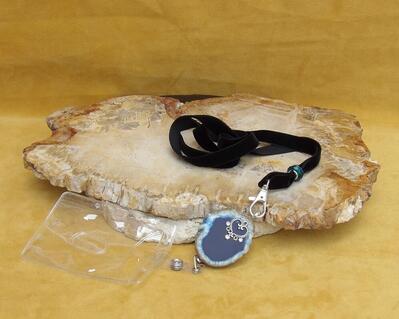 Blue Agate Slice Black Velvet Lanyard with a Heart shaped Filigree