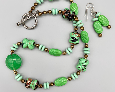 Necklace set | vintage green glass beads with bronze and aventurina accents