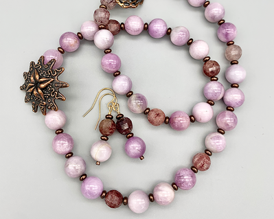 Necklace set | Kunzite rounds, faceted strawberry quartz, artisan lost wax bronze cast pendant and clasp