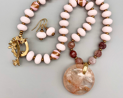 Necklace set | Hematoid quartz pendant disk, vintage glass pale pink rondelles, strawberry quartz faceted rounds