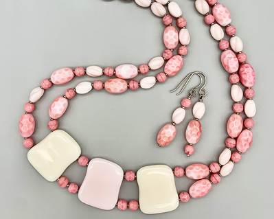 Necklace set | Collar style white tablet focals with pink vintage glass beads