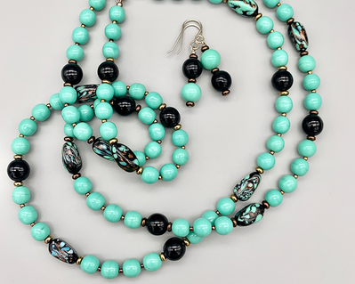Necklace set | Double-strand mid-century turquoise and black glass beads