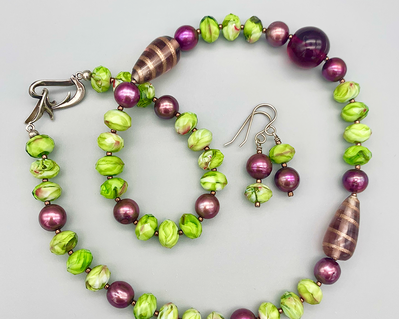Necklace set | Lime green and violet palette of vintage and contemporary glass beads with freshwater pearls
