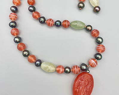 Necklace set | Salmon and silver palette — Miriam Haskell vintage focal bead, vintage glass beads, white jade, freshwater pearls