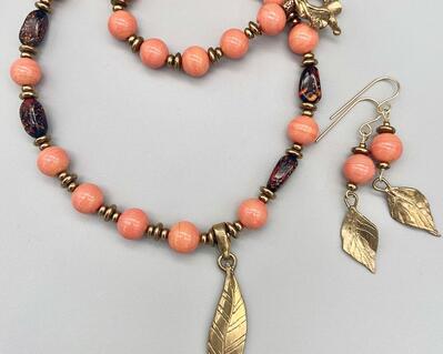Necklace set | Coral and bronze palette — Vintage Cherry Brand rounds, Italian lampwork beads, artisan bronze leaf pendant, clasp and findings