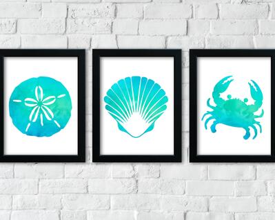 Watercolor Seashell, Sand Dollar, Crab Silhouettes, Coastal Digital Downloads