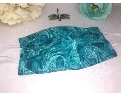 Hand Made Teal Fish Cotton Face Mask With Elastic