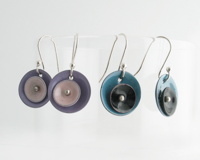 Choose Your Personal Custom Color Combination for these Torch-Fired Enameled Copper Double-Disc Button Dangle Earrings, with Argentium 935 Sterling Silver