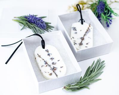 Lavender soy wax sachet, soothing scented tablet home fragrance, hanging home decor, packed in white jewelry box ready to gift for any occasion. Holiday ornament with black ribbon.