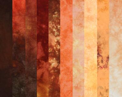 10 fat eighths in a range of fall colors from gold through orange and red to tan and brown. Hand dyed quilt cotton 9x21 inches. Suitable for quilting, crafts, dolls clothes, sewing.