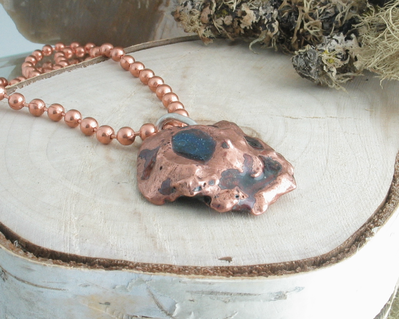 Chunky solid copper forged nugget pendant with vitreous enamel glass, on 24" copper ball chain.