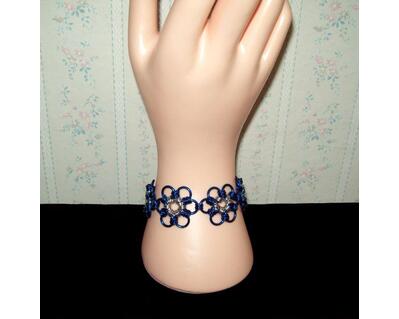 Chainmaille Flower Bracelet, Japanese 12 in 1 Style, Royal Blue with Silver
