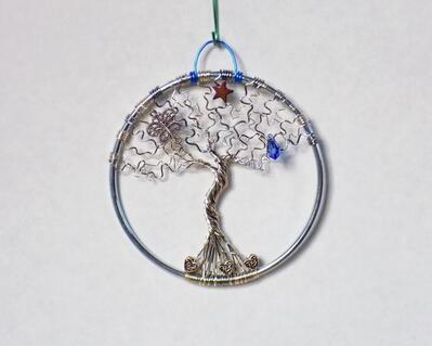 small wire tree of life sculpture, 3" inch silver tree with hematite star, fancy butterfly, and blue teardrop crystal by RainbowMaille