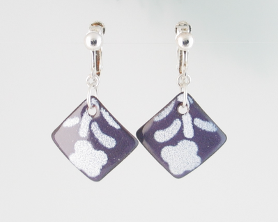 Clip-on Non-Pierced Enameled Copper Earrings with White Flower Stencil over Purple Torch-Fired Enamel, Silver Plate Ear Clips