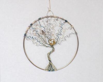 6 inch silver hoop wire tree of life sculpture in silver and teal with bird and birds nest with pearl eggs handmade by RainbowMaille