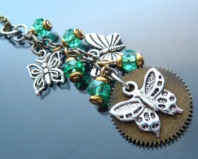 Victorian Butterfly Cascade necklace silver and gold steampunk