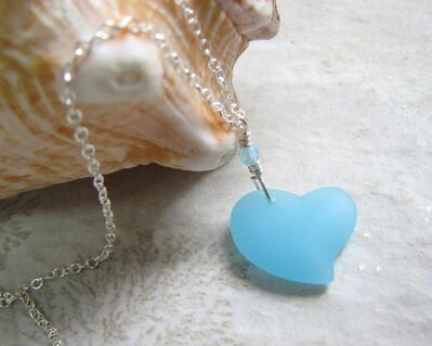 Cultured sea glass blue heart necklace