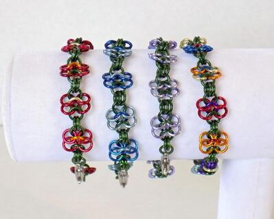 dainty chainmaille rosettes bracelets handmade in anodized aluminum by RainbowMaille in the USA