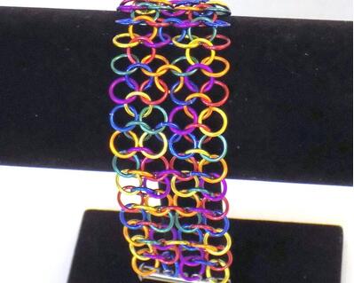 random rainbow chainmaille cuff bracelet with sliding bar clasp handmade by RainbowMaille