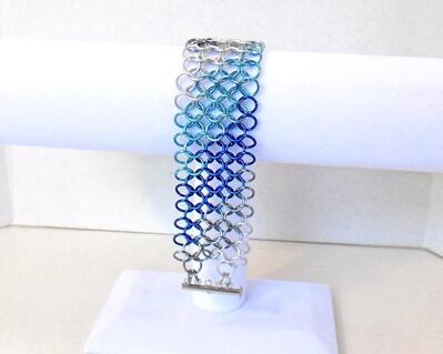 blue and white diagonal striped European 4-in-1 pattern chainmaille cuff bracelet with sliding bar clasp by RainbowMaille