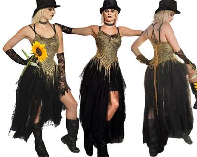 Black gold Gothic or steampunk tattered style event dress. One of a kind, hand made, eco-friendly event and wedding dress.