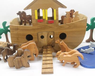 Kids played military toy boats,unfinished wood